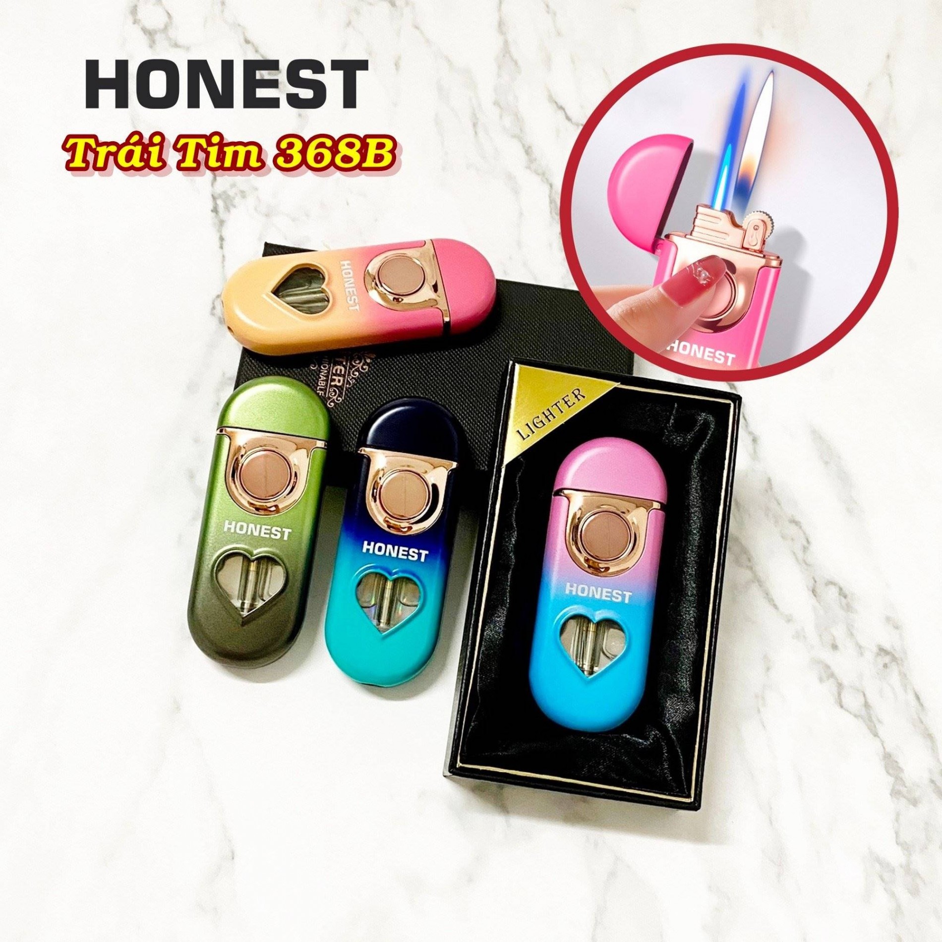 Hột quẹt bật lửa Honest 2 chế độ lửa có đèn hình trái tim 368B màu cầu vòng - xài gas