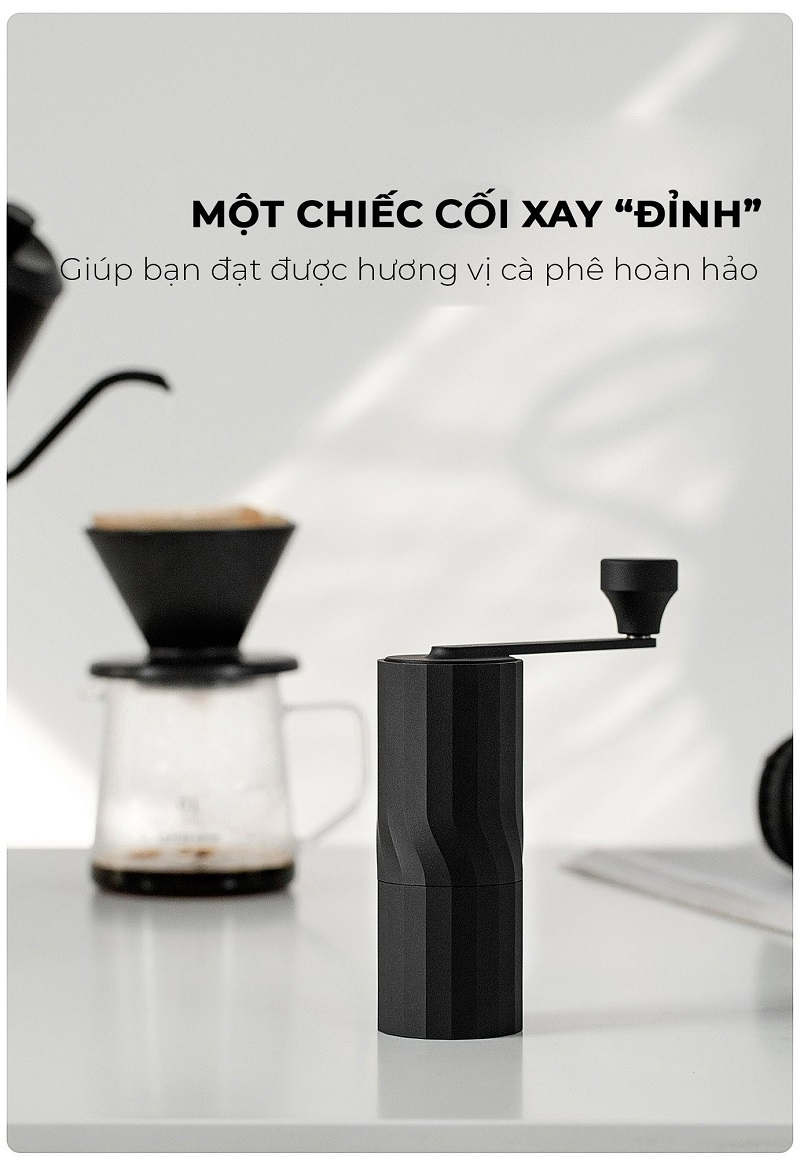 Cối xay tay M2 pro cà phê lưỡi thép CNC thân nhôm khắc vân kim cương CAFE DE KONA