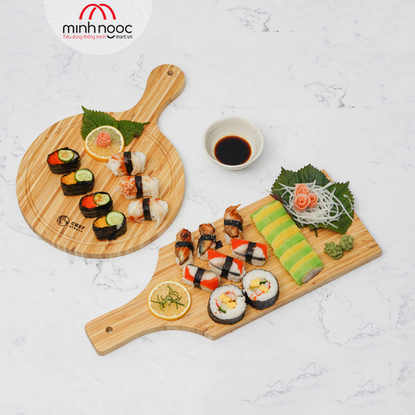 Thớt tre Chef Studio hình tròn có tay cầm 36x25x1.5cm, MSP-CB42. Cắt, thái rau củ, dùng decor, bày trí.