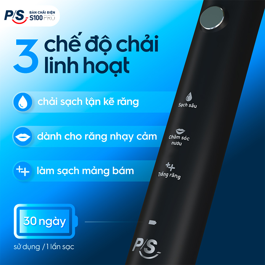 Bàn Chải Điện P/S S100 PRO Trắng Răng Công Nghệ Sóng Âm Đen Nhám Chải Sạch Mảng Bám Tới 10X 1 Bộ