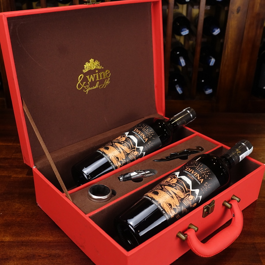 Hộp Vali đỏ đính đá + 2 chai rượu vang Chile Divina Reserve Cabernet Sauvignon