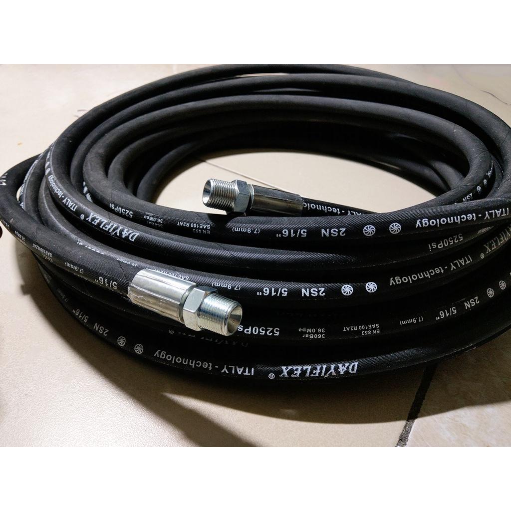 Dây rửa xe cao áp 2 lõi thép phi 8 dây trơn 5/16 đã ép cốt ren 17mm ở 2 đầu dây dài 15 mét