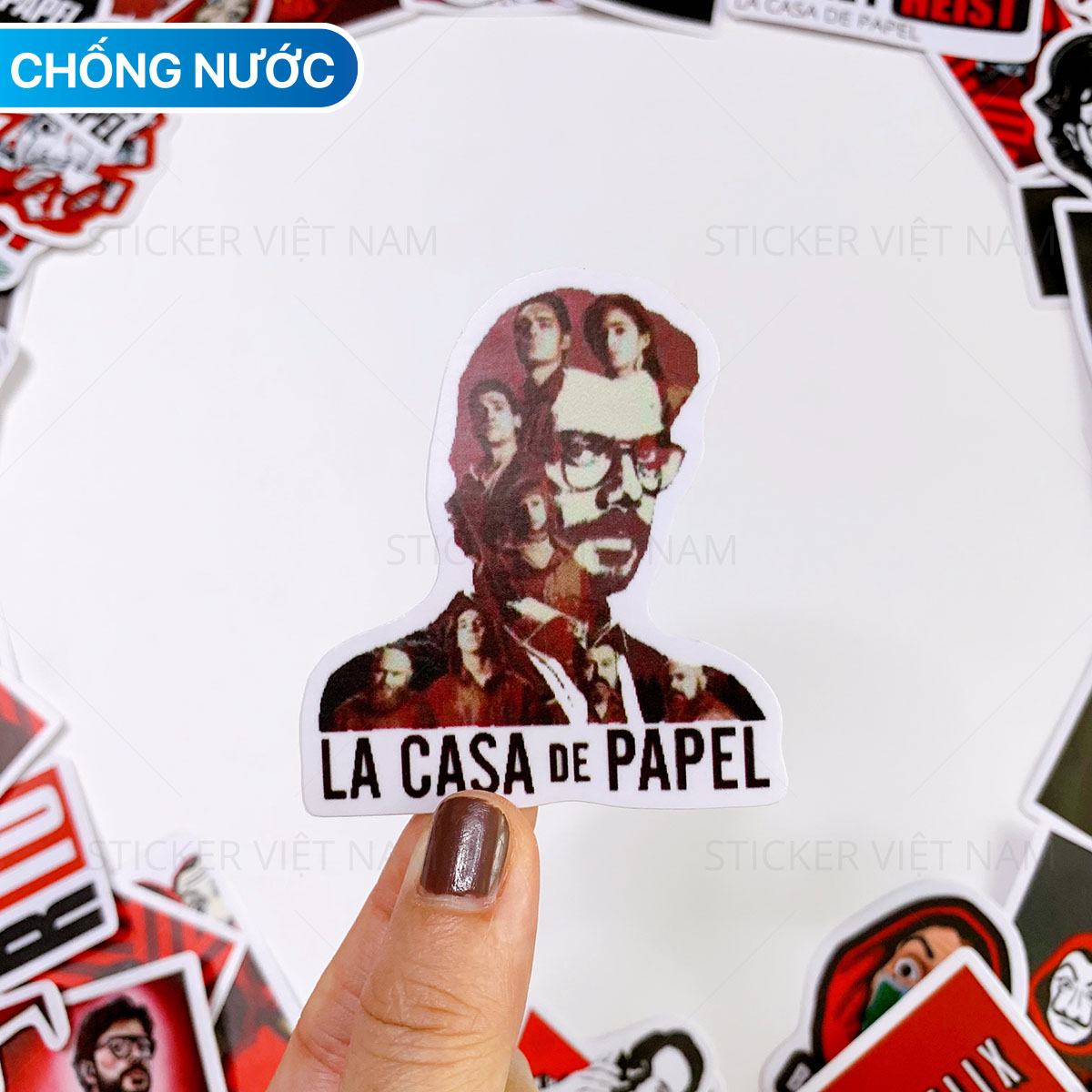 Sticker Money Heist - Phi Vụ Triệu Đô - Chất Liệu PVC Chất Lượng Cao Chống Nước - Kích Thước 4-8cm