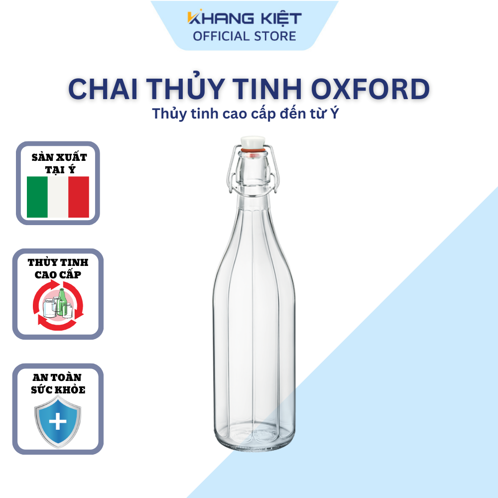 Chai thủy tinh nắp cài Oxford 1L (Bormioli Rocco), nắp kín hơi tuyệt đối thích hợp đựng mật ong, đồ uống