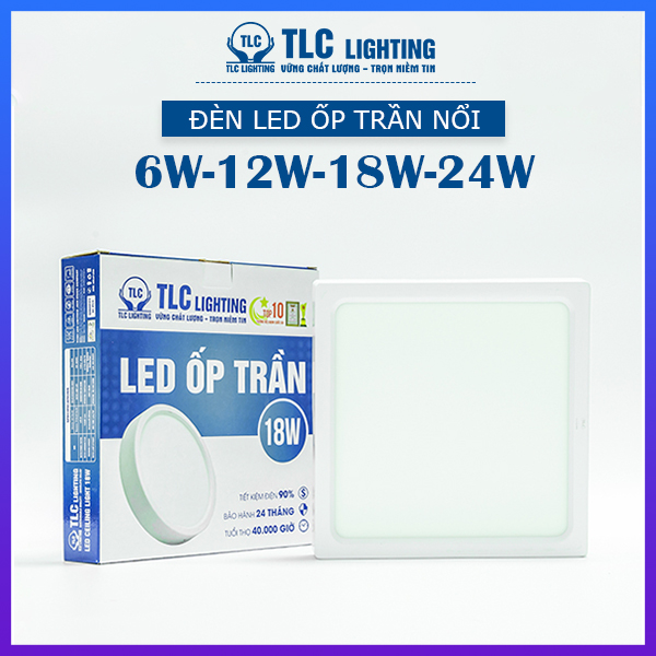 Đèn LED Ốp Trần Nổi Vuông Vỏ Trắng công suất 6W, 12W, 18W, 24W TLC Lighting - Ánh sáng Trắng/Vàng/3 màu - Sử dụng phòng bếp, phòng tắm, hành lang, cầu thang, ban công