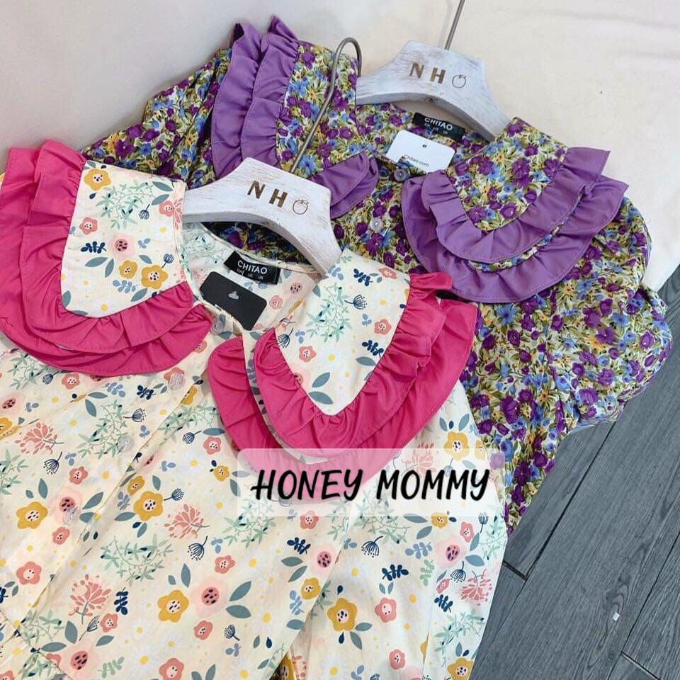 Váy Bầu Babydoll Hoa Nhí Cổ Bèo HD2829 Honey Mommy Đầm Bầu Hoa Ngắn Tay Mùa Hè Đi Chơi Công Sở Cổ Tròn