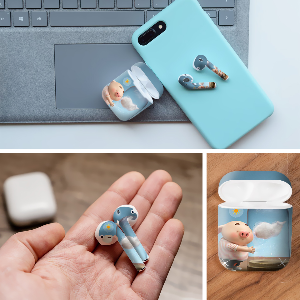 Miếng dán skin chống bẩn cho tai nghe AirPods in hình Heo con dễ thương - HEO2k19 - 142 (bản không dây 1 và 2)