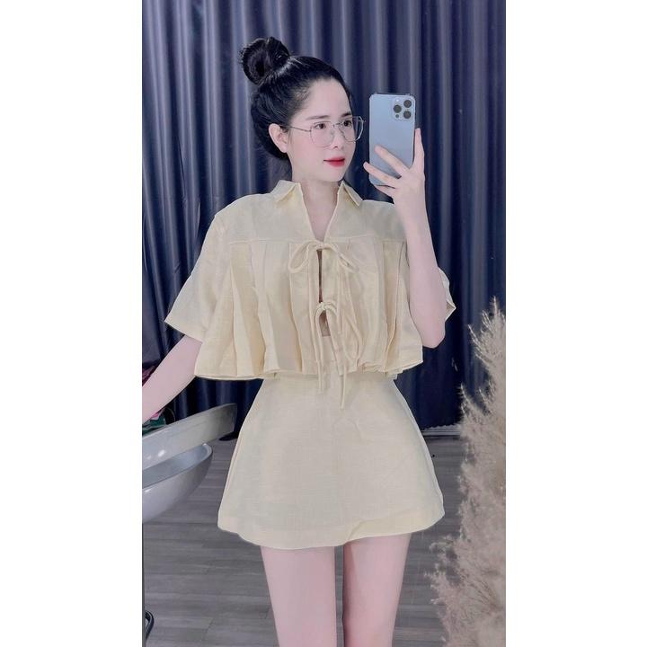 Sét bộ váy nữ áo croptop đan dây mix chân váy chữ A kiểu dáng hợp thời trang