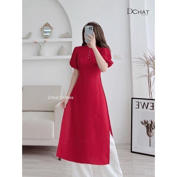 Áo dài cách tân đỏ tay bồng kèm quần lụa mỹ