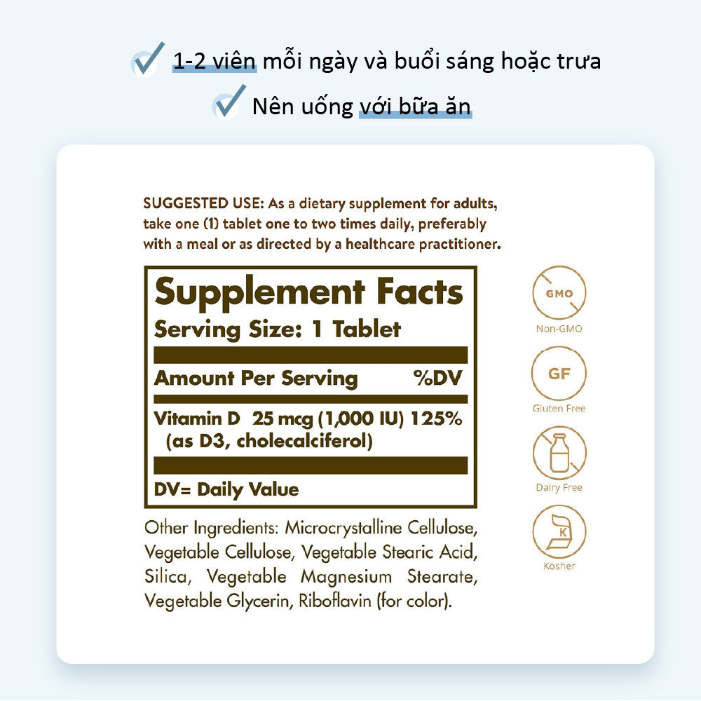 NHẬP KHẨU USA CHÍNH HÃNG - Viên uống ngừa loãng xương, hỗ trợ sức khỏe xương khớp Solgar Vitamin D3 1000 IU 