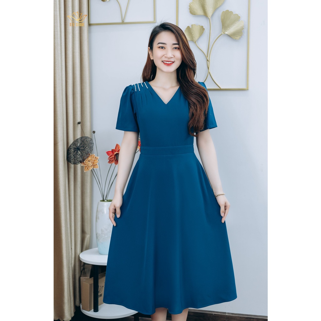 Đầm xòe thiết kế trung niên sang trọng quý phái Cổ tim tay ngắn kết đá màu Xanh cổ vịt TTV STORE TTV1250