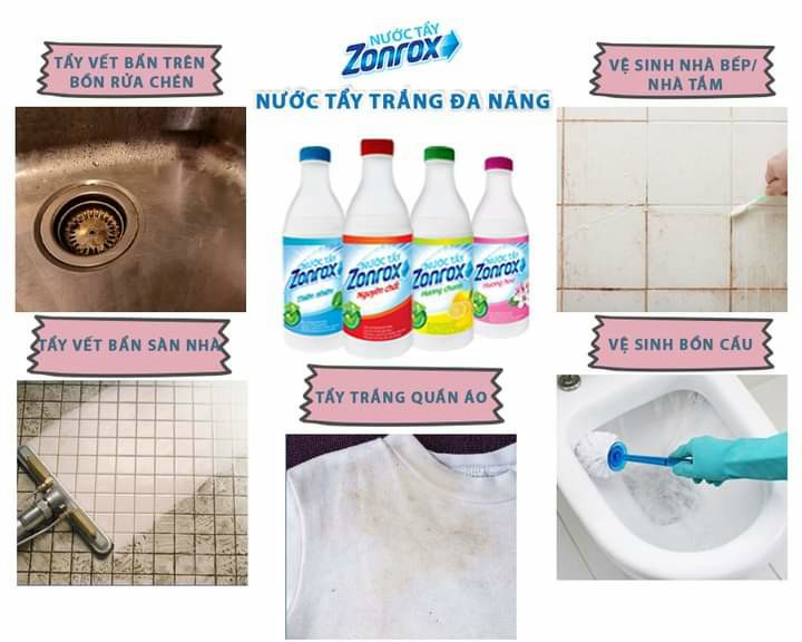 COMBO 3 CHAI NƯỚC TẨY ĐA NĂNG ZONROX 1 LÍT - Tặng thêm 1 chai cùng loại