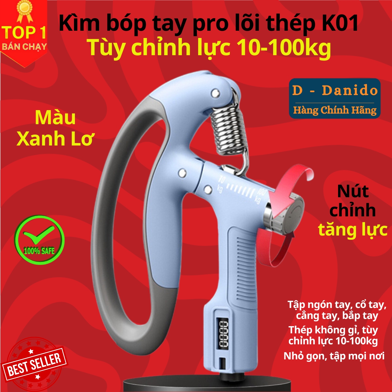 Kìm bóp tay, Kìm tập cơ tay dụng cụ tập gym tại nhà điều chỉnh lực 10-100kg có đếm số tự động D Danido