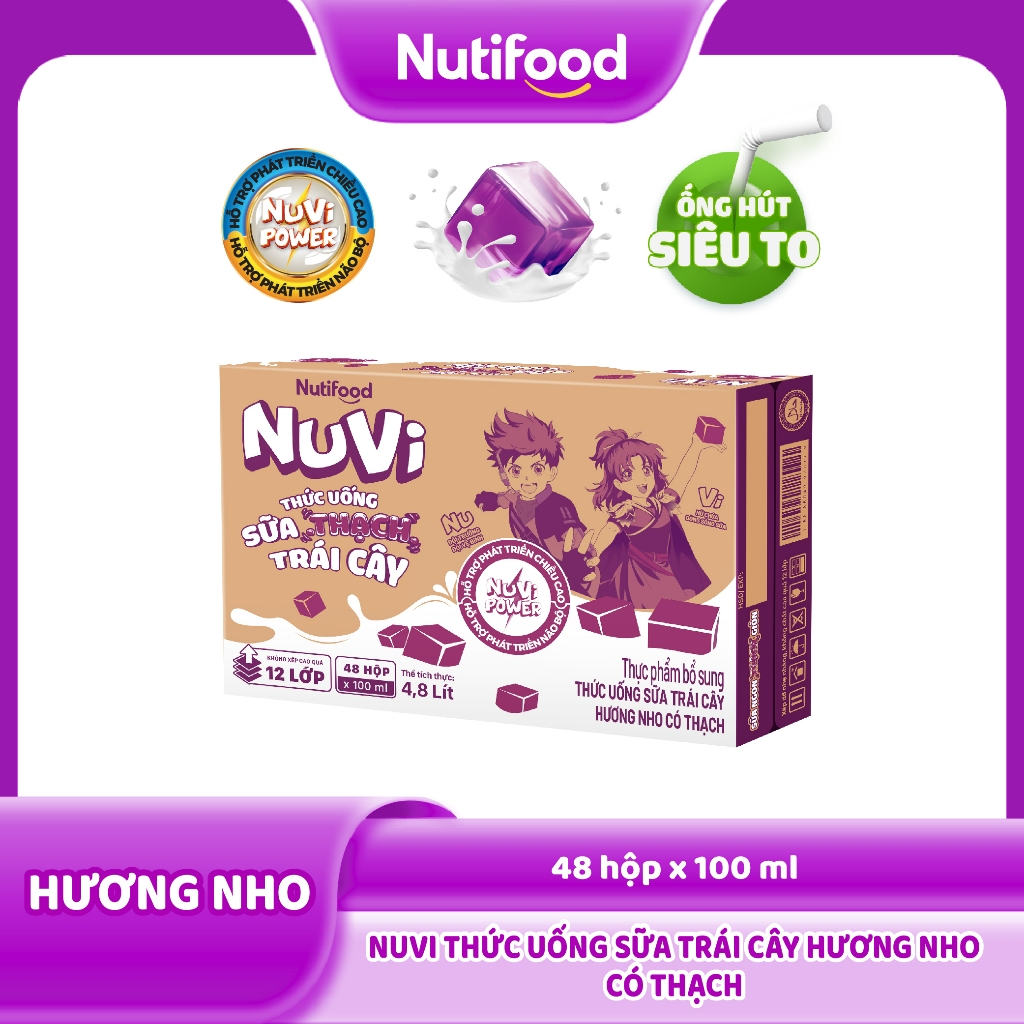 Thùng 48 Hộp Thức Uống Sữa Trái Cây Có Thạch NuVi Hương Nho 100ml