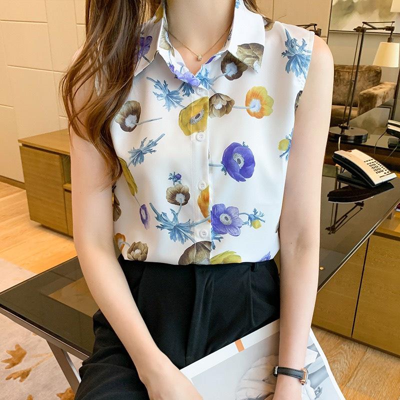 áo sát nách, áo sát nách cổ bẻ, họa tiết hoa trẻ trung năng động, chất liệu lụa hàn mềm mại thoáng mát