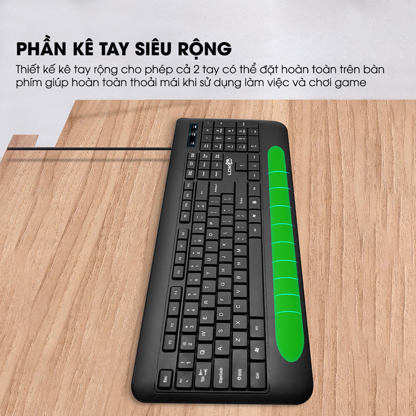 Bàn phím máy tính có dây K9 thiết kế full size 104 phím chống nước phần kê tay siêu rộng cho laptop, máy tính văn phòng