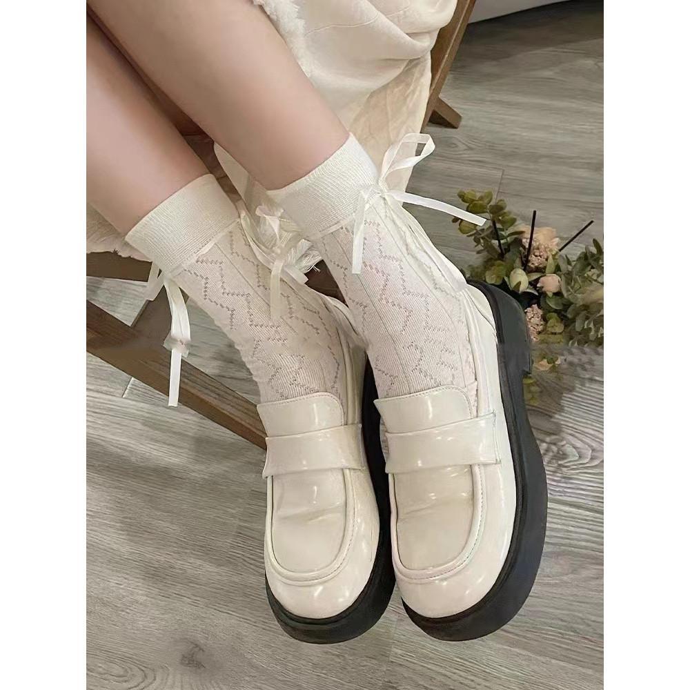 Tất, vớ cao cổ chất dệt kim GÂN TĂM BUỘC DÂY, họa tiết ziczac, phong cách Lolita NhậtBản cá tính, thấm hút mồ hôi tốt cho Nữ Women Trắng