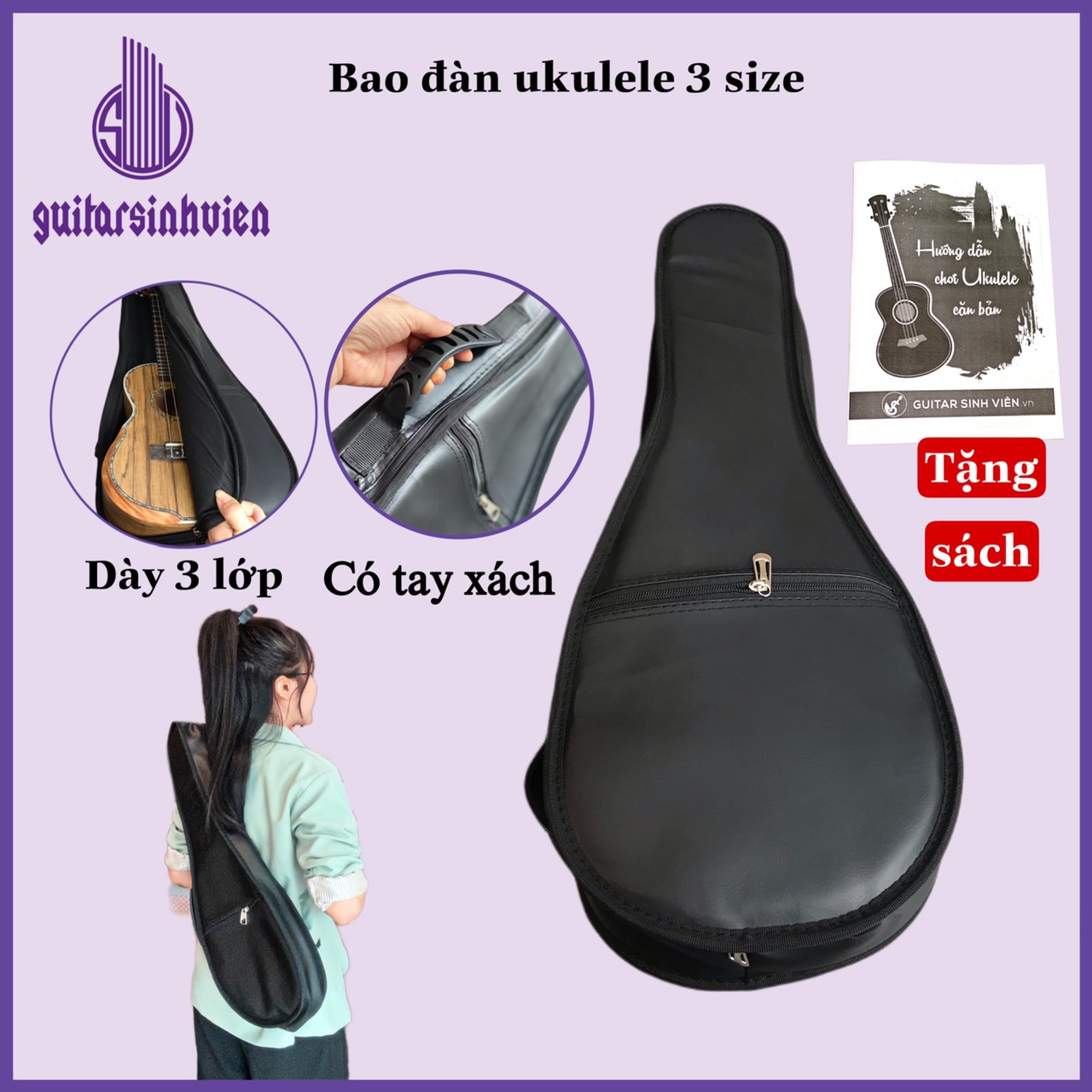 Bao da Ukulele 3 lớp size soprano, concert, tenor - Đặt hàng tặng giáo trình - Bao chống nước