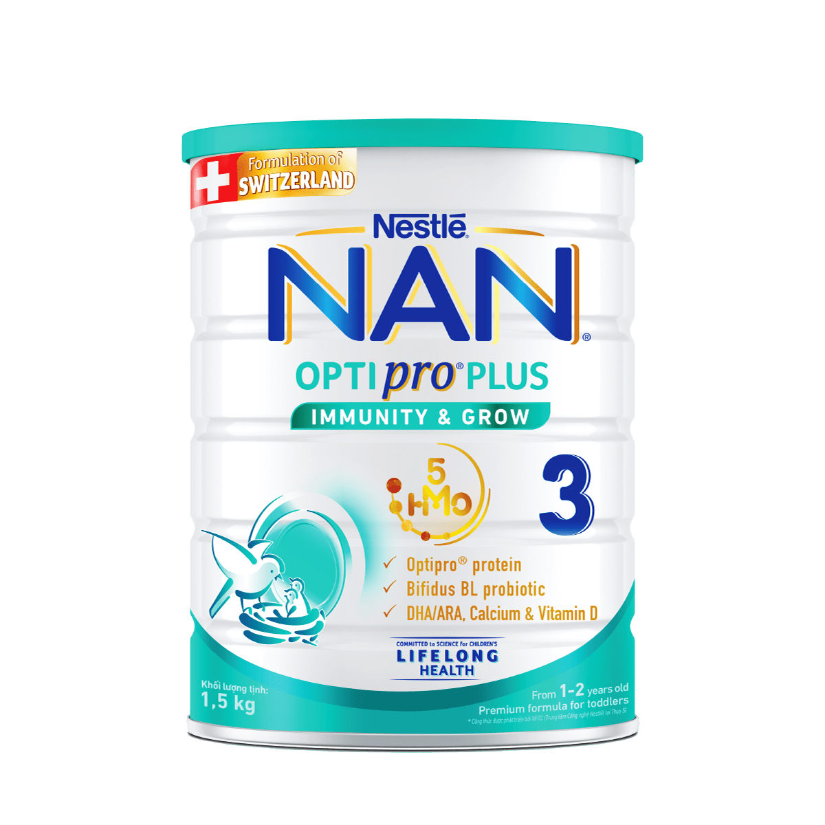 Sữa bột Nestlé NAN OPTIPRO PLUS 3 1500g/lon với 5HMO