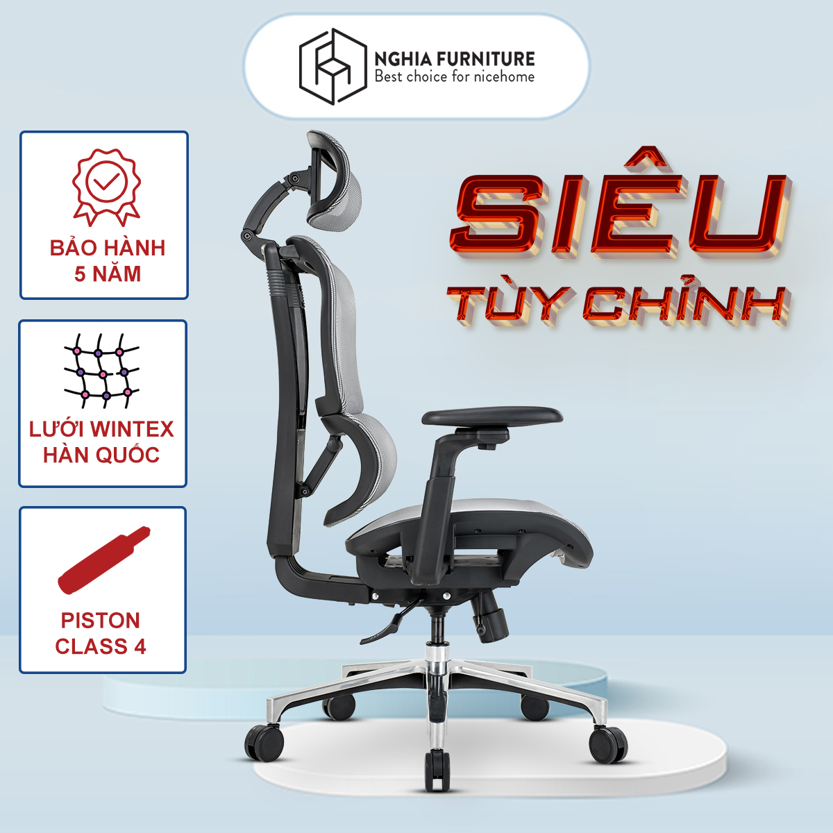 Ghế Công Thái Học Nghia Furniture Lumbar - Ghế Xoay Văn Phòng Làm Việc Nhiều Tính Năng Khủng - Khung Đen - Full Lưới Xám