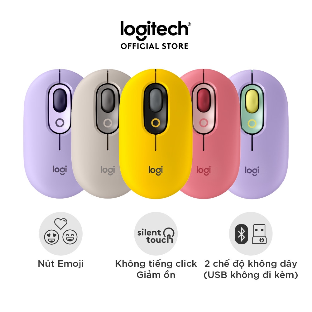 Chuột không dây bluetooth Logitech POP MOUSE - giảm ồn, nút emoji tùy chỉnh - Hàng chính hãng