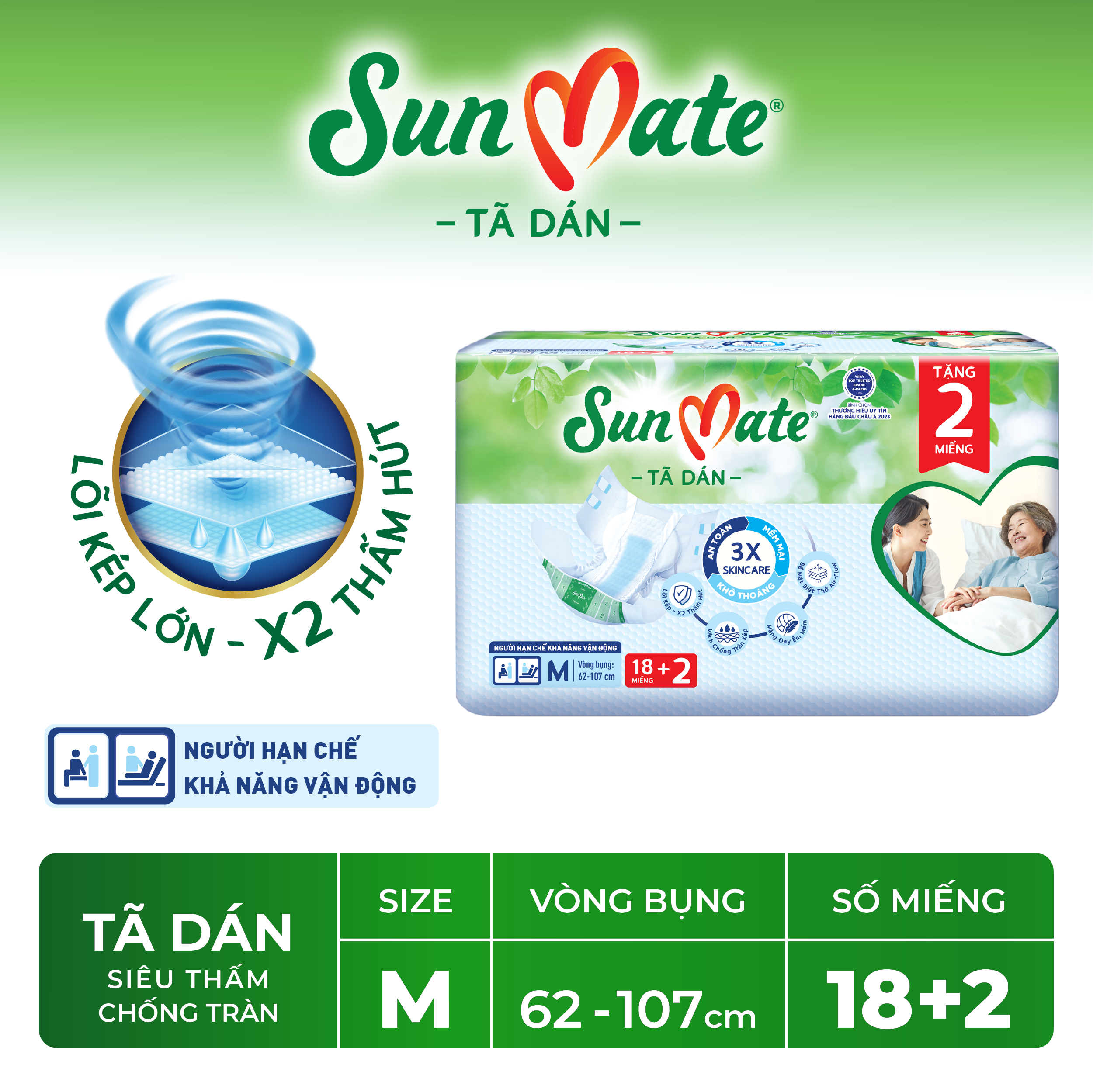 Combo 2 Tã dán người lớn SunMate XA2 mới size M-18+2 miếng