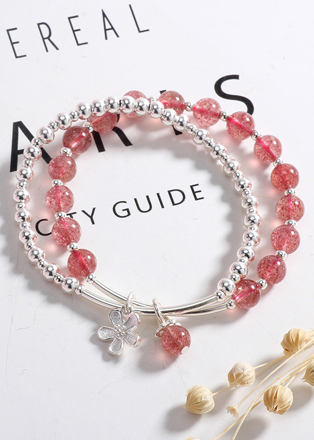 Vòng tay 2 line đá thạch anh dâu phối charm hoa bạc mệnh hỏa, thổ - Ngọc Quý Gemstones