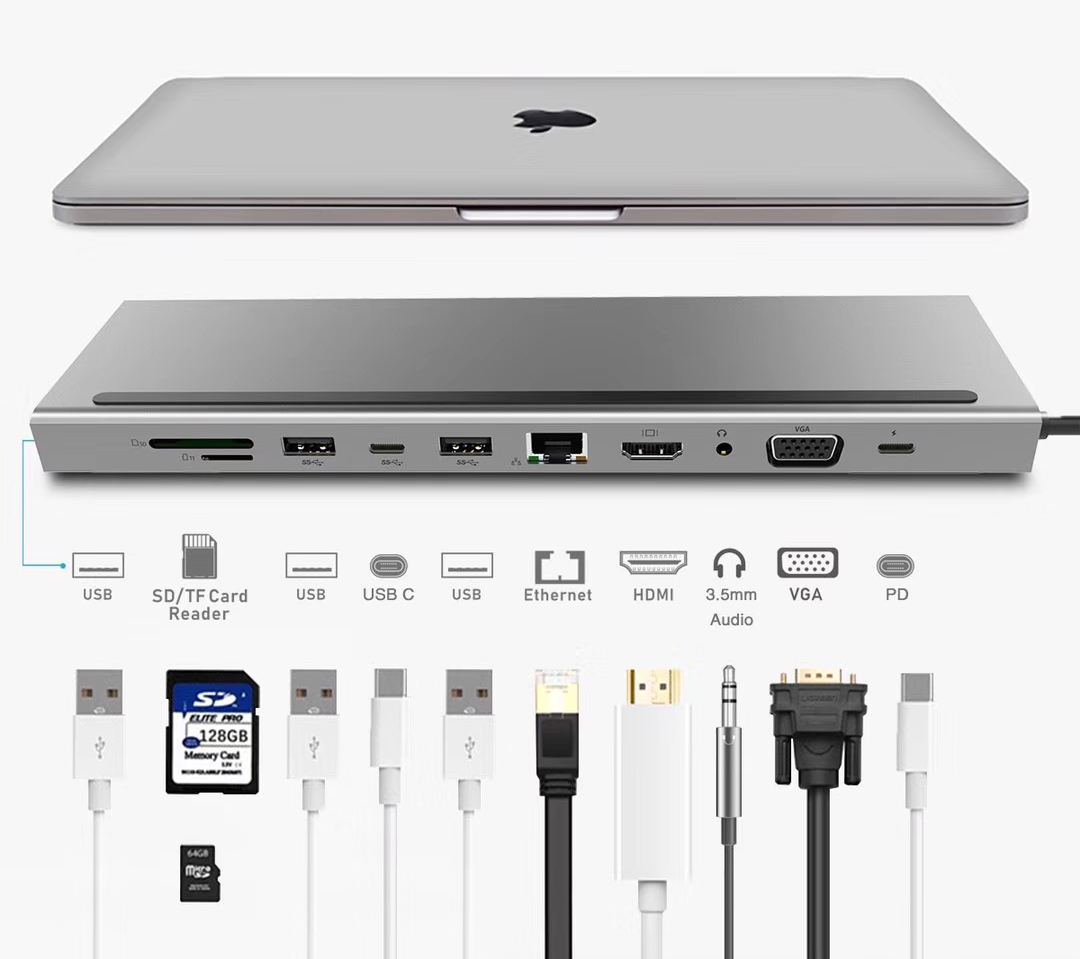 Hub USB Type-C đa chức năng HDMI/ VGA/ RJ45/ PD/ USB/ TF/ SD cho Macbook M1, Surface, Dell XPS