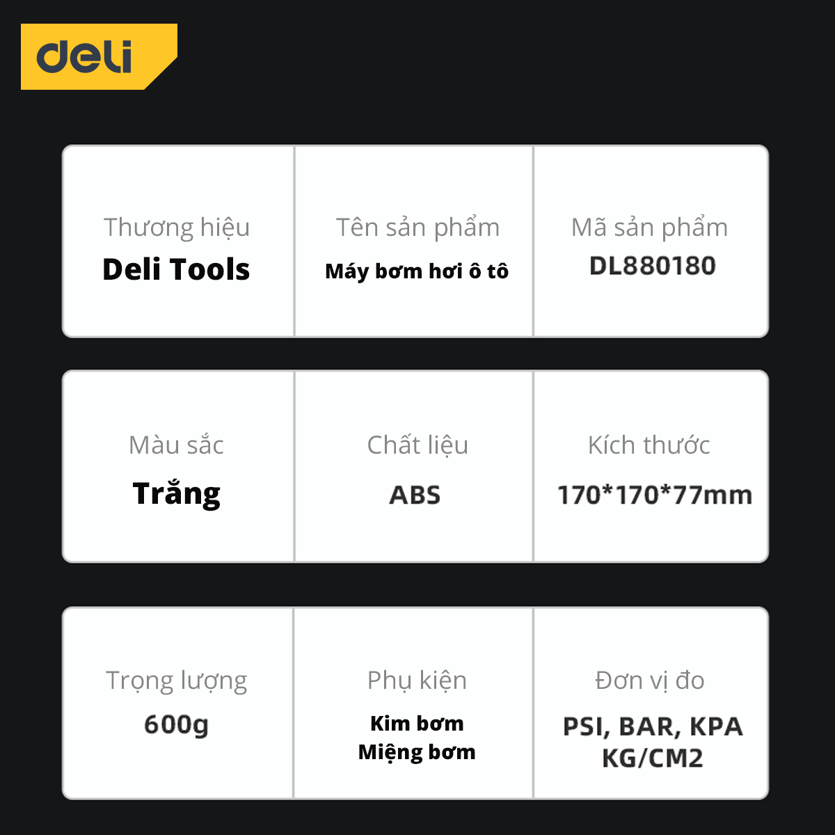 Máy Bơm Lốp Xe Ô Tô Deli Chính Hãng - Bơm Nhanh, Phát Hiện Áp Suất Lốp Thời Gian Thực, Màn Hình LCD - Nhỏ Gọn - DL880180