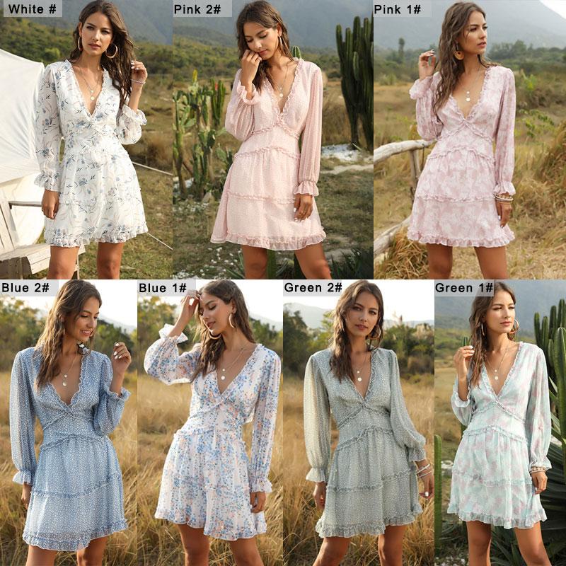 Women Open Back Mini Dress Ruffles Leopard Leaf Print Deep V Neck Lantern Sleeves High Waist Boho Holiday Beach Casual