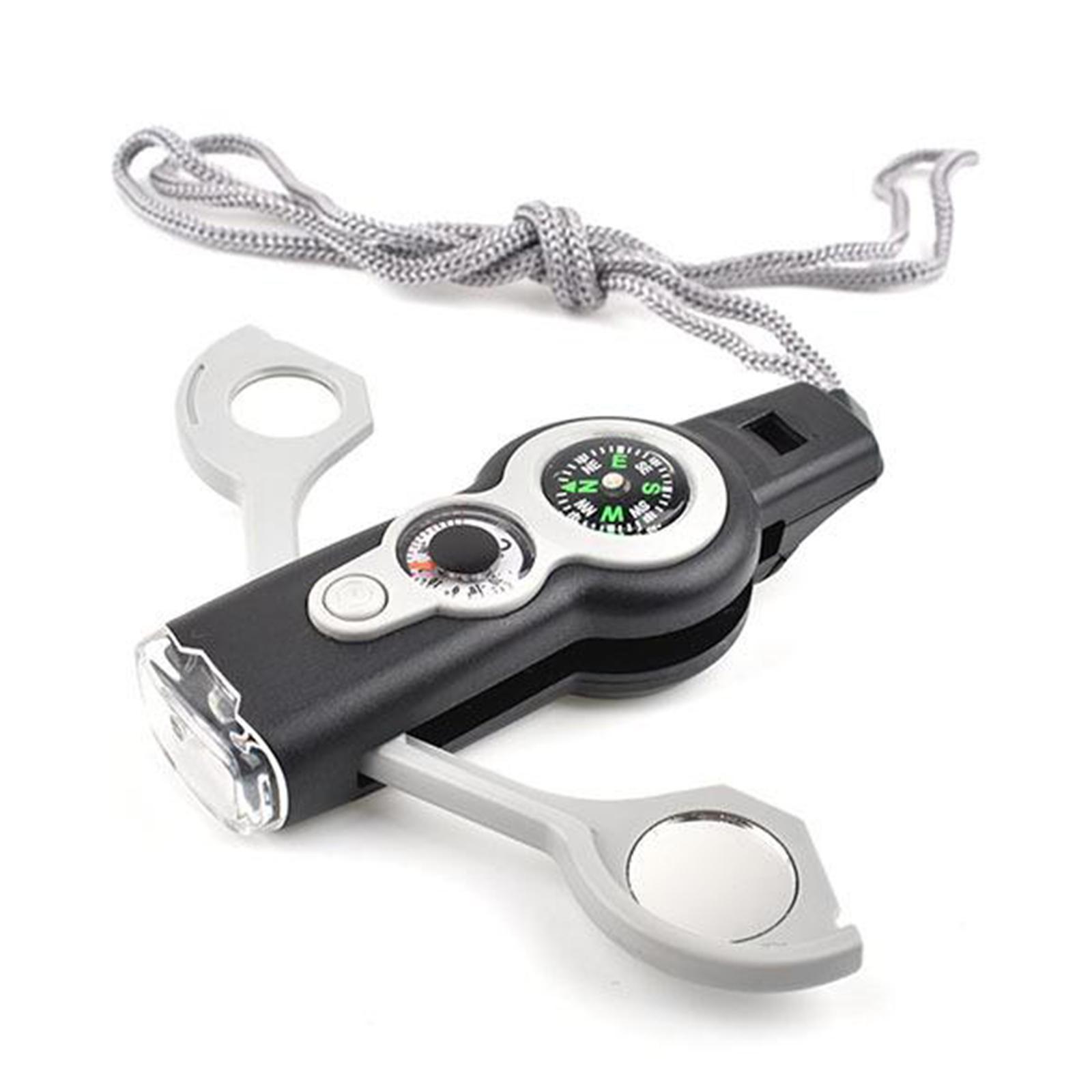 Emergency Whistle,7-in-1 Tool, Survival Flashlight Mirror with Storage,Hiking Compass,Camping Thermometer,Magnifier Mirror for Survival Compass