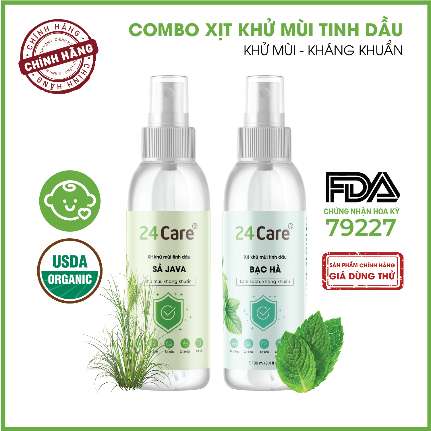 Combo 2 Tinh dầu Xịt kháng khuẩn Sả Java + Bạc Hà Hữu Cơ Organic 24Care 100ML/Chai