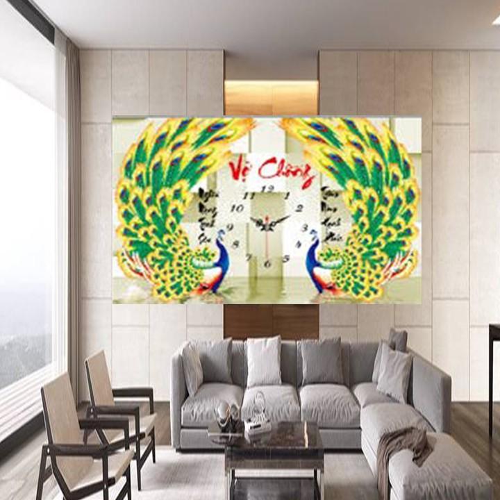 Tranh thêu vợ chồng công xanh đồng hồ X8041 - kích thước: 56 * 38cm.