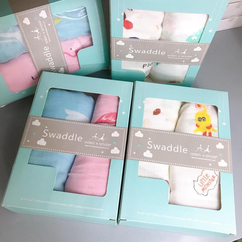 Hộp 2 chiếc khăn tắm 2 lớp 100% cotton muslin SWADDLE aden + anais kích thước 120cmx120cm cho bé trai, bé gái