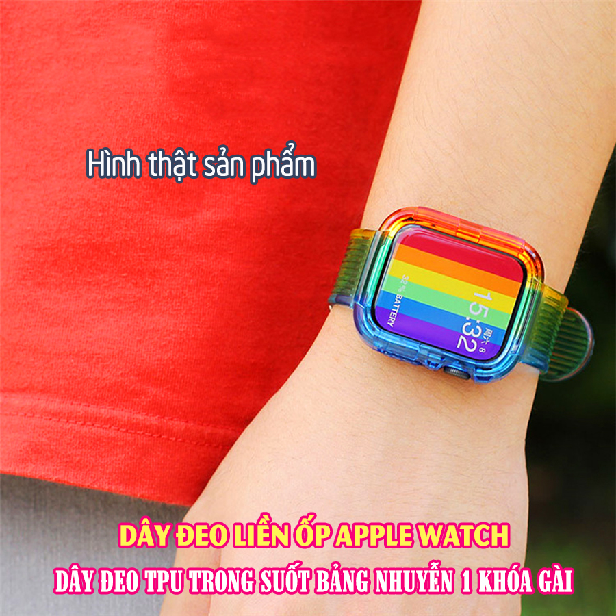 Dây Đeo liền ốp dành cho Apple Watch 7/6/5/4/3/2/1 size 38/40/41/42/44/45mm TPU trong suốt bản nhuyễn 1 khóa gài - Cầu Vồng