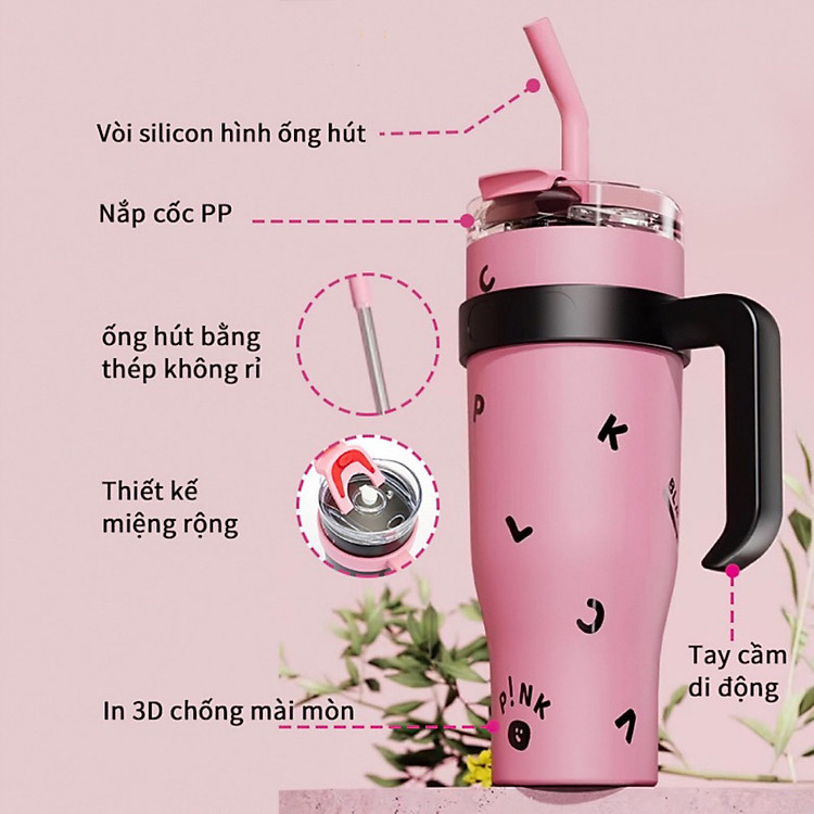 Ly Giữ Nhiệt Black Pink Thể Tích 1200ML VIỆT NAM, Inox 304, Có Ống Hút Tay Cầm, Phong Cách Hàn Quốc Giao Mùa Ngẫu Nhiên