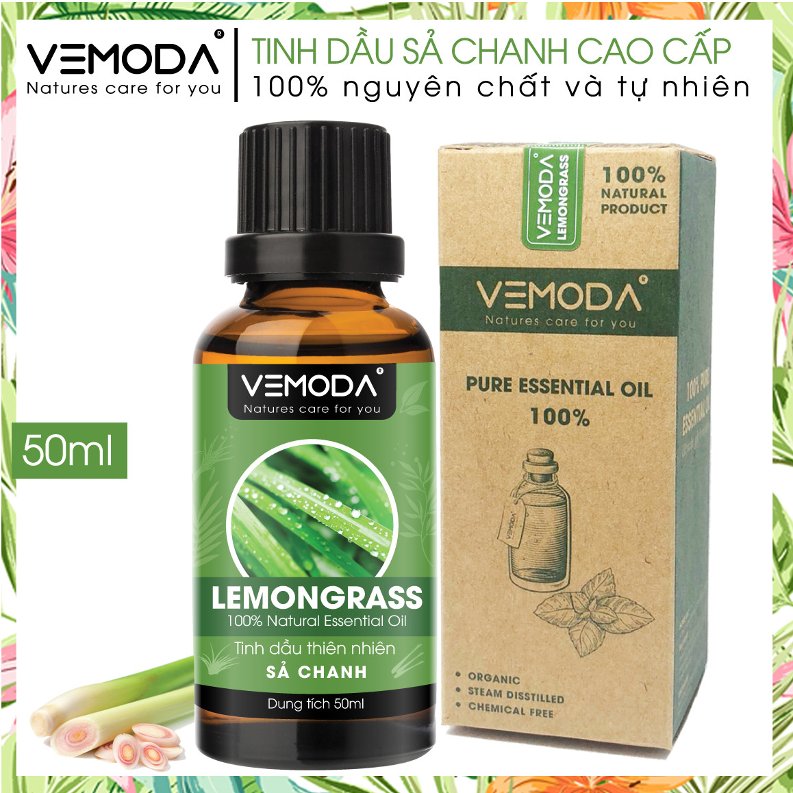 Tinh dầu Sả chanh cao cấp 50ML Lemongrass. Tinh dầu xông phòng Vemoda giúp thanh lọc không khí, khử mùi, kháng khuẩn, đuổi muỗi, giải cảm, làm đẹp. Tinh dầu thiên nhiên sả chanh