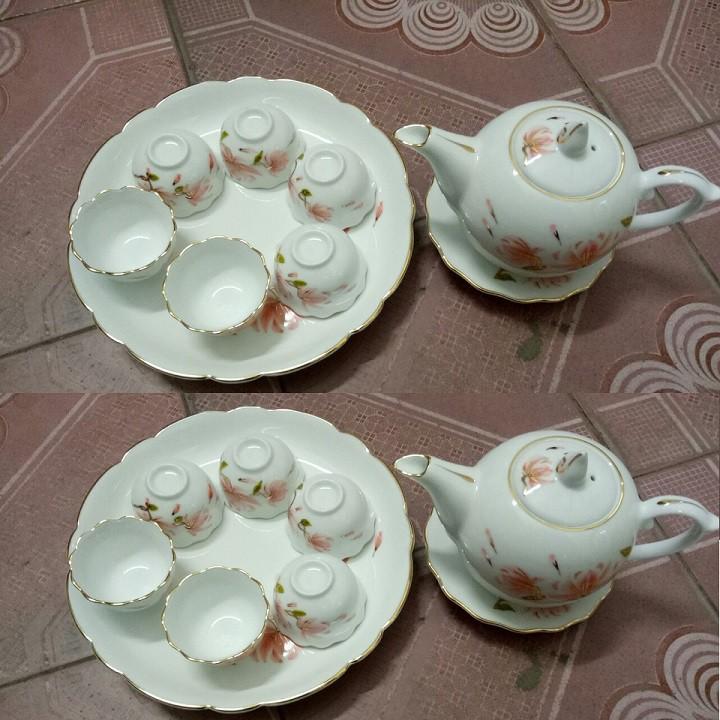 Bộ ấm chén hoa đào viền vàng vẽ tay cao cấp