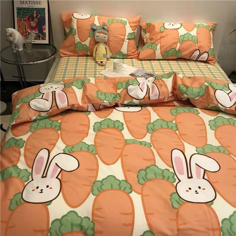 Bộ chăn ga Cotton Poly M2T bedding chăn ga Hàn Quốc thỏ ăn cà rốt đủ size miễn phí bo chun