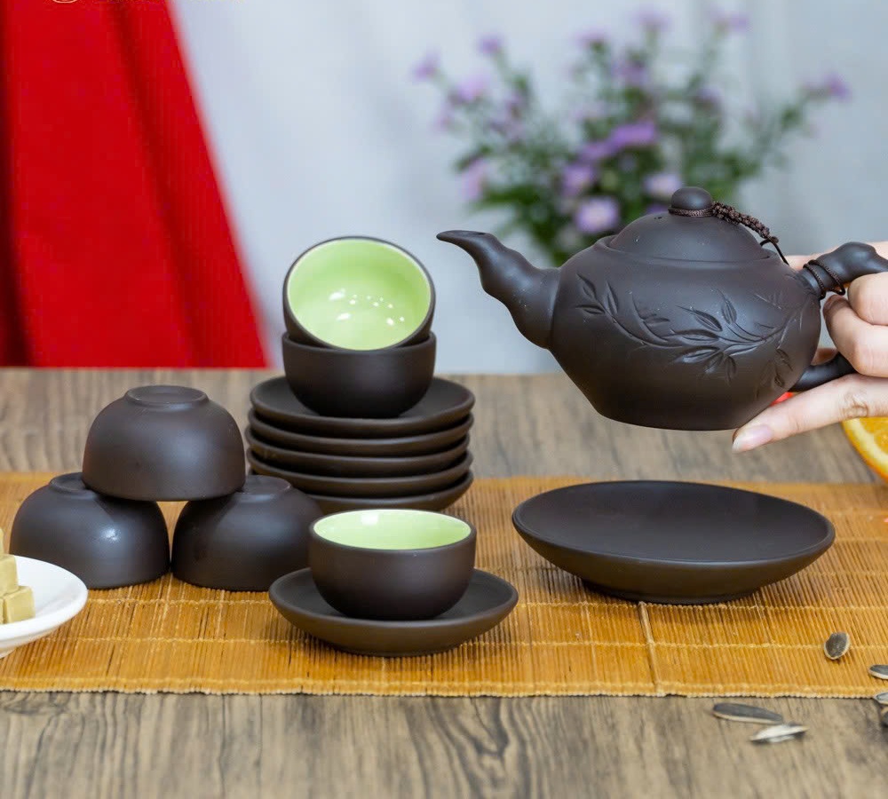 Bộ Ấm Trà Tử Sa Khắc Lá Trúc Cao Cấp – 1 Ấm 6 Chén 6 Đĩa, Phong Cách Trà Đạo, Quà Tặng Sang Trọng - HÀNG CHÍNH HÃNG MINIIN
