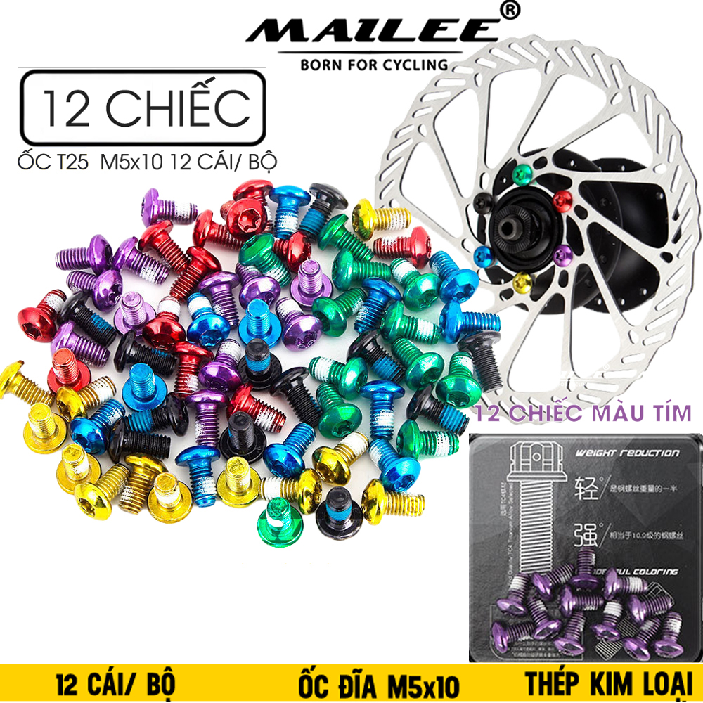 12 cái ốc vít đĩa phanh T-25 M5x10mm trang trí màu sắc (12 Cái/ bộ) bằng thép không gỉ dành cho xe đạp núi MTB phụ kiện xe đạp- Mai Lee