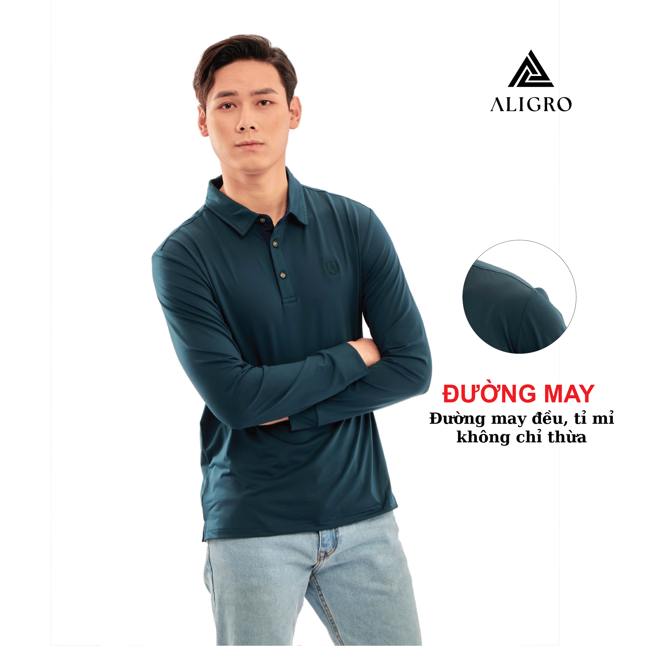 Áo thun nam dài tay ALIGRO chất cotton thấm hút mồ hôi, mềm mại màu xanh cổ vịt ALGAPD052