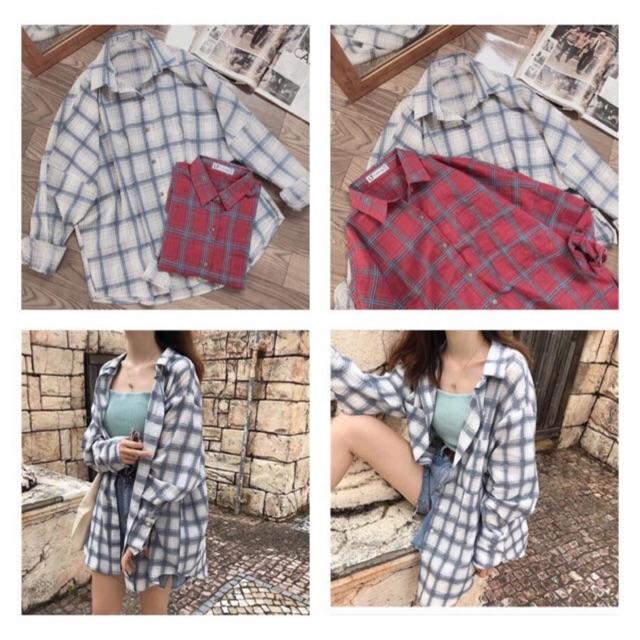 Áo sơ mi oversize caro 2 túi
