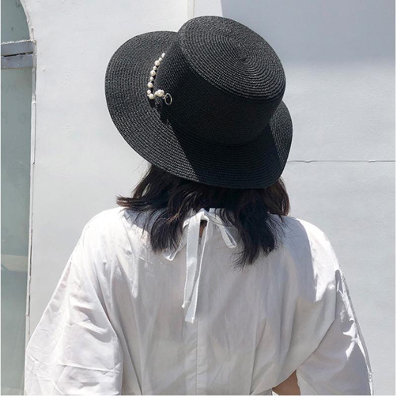 Phụ Nữ Mùa Hè Thời Trang Pháp Retro Dây Đính Ngọc Trai Đầu Dẹt Mũ Rơm Rộng Vành Thanh Lịch Hat Nữ Của Du Lịch Bãi Biển nón Lưỡi Trai Gorras