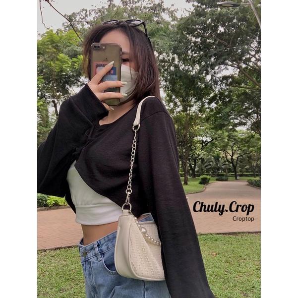 Set áo croptop tay dài kiểu xẻ kèm áo 2s trong