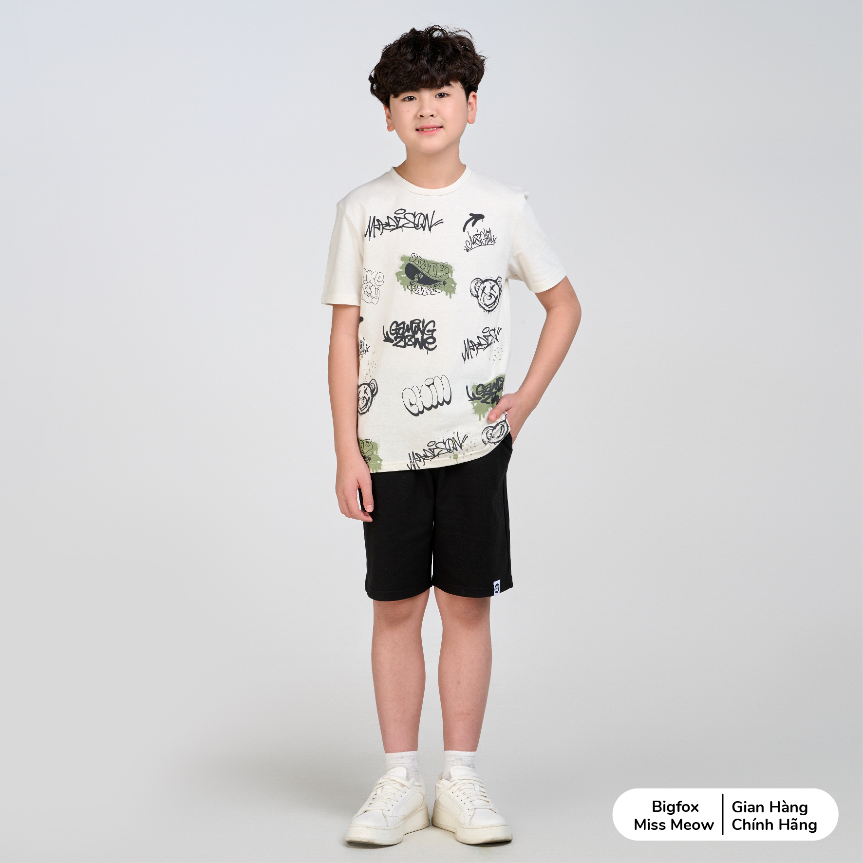 Bộ cộc tay bé trai size đại Bigfox Miss Meow chất cotton mùa hè in đẹp 12,13,14,15 tuổi 40kg 50kg