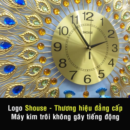 Đồng Hồ Con Công Treo Tường Chim Khổng Tước Vàng DTN009 kim trôi không gây tiếng động trang trí phòng khách