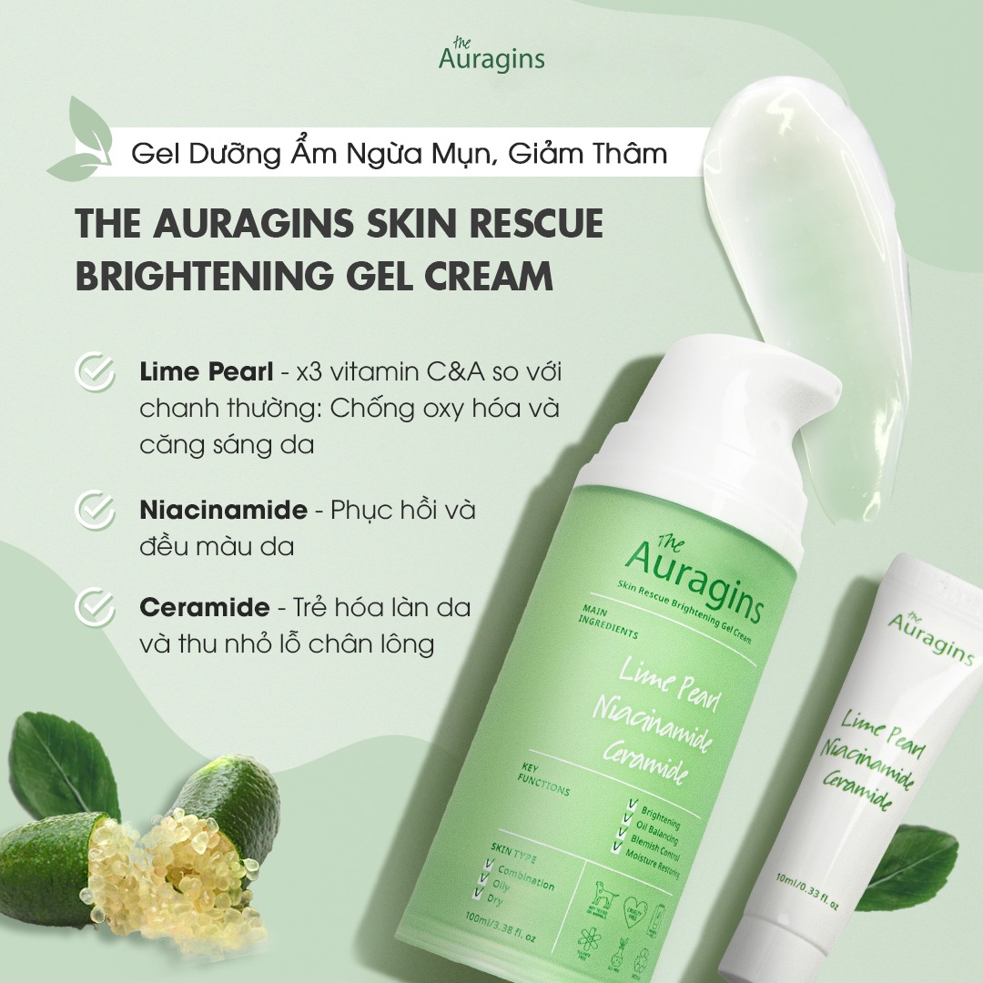 Gel dưỡng ẩm ngừa mụn, giảm thâm The Auragins Skin Rescue Brightening Gel Cream 100ml