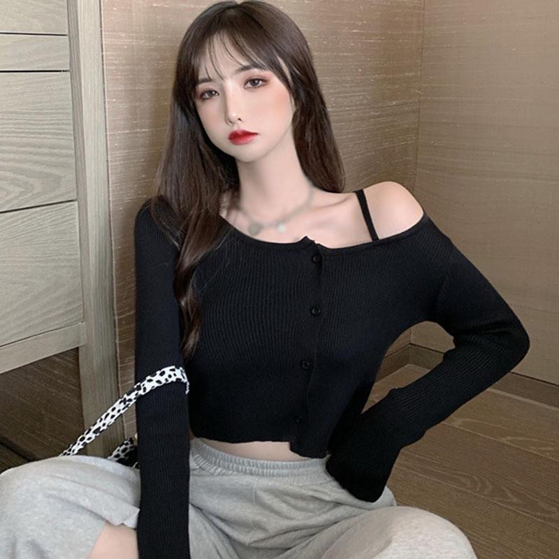 Áo Cardigan Dệt Kim Tay Dài Thiết Kế Lệch Vai Quyến Rũ Cho Nữ