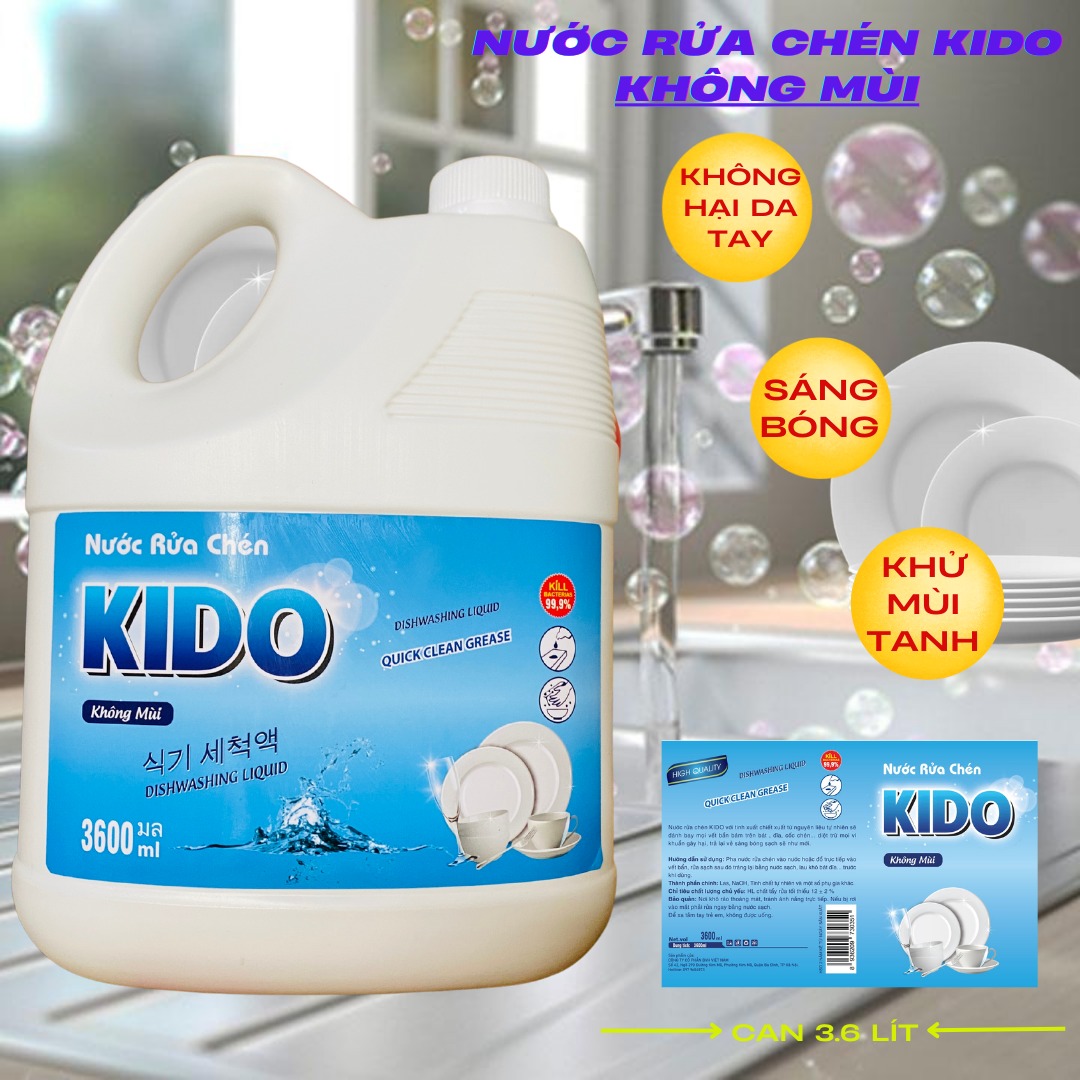 Nước Rửa Chén Kido Không Mùi 3.6 Lít - Sạch Sẽ, An Toàn Cho Gia Đình Bạn